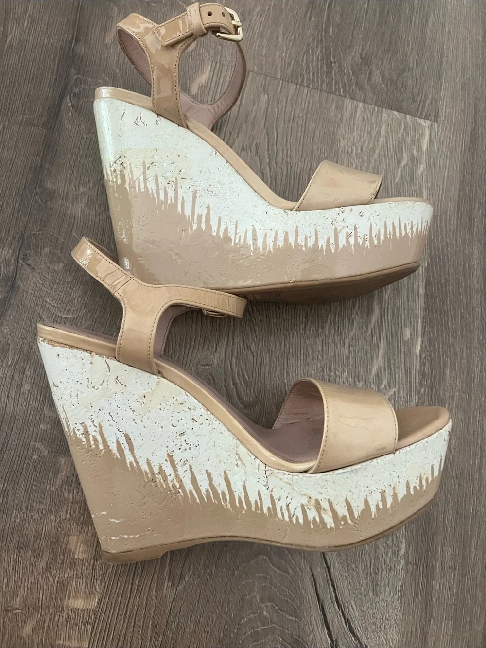 Stuart Weitzman Patent Tan Platform Wedge Sandals - Picture 9 of 13